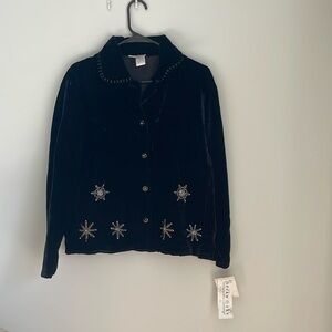NEW Holiday Neckworks black velvet diamond sequenced buttoned jacket sweater